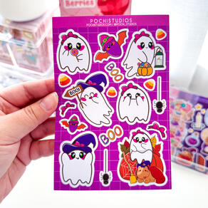 Spooky Cute Witch Cat Chubbs &amp; Coquette Ghostie Halloween Matte Vinyl Sticker