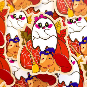 Spooky Cute Witch Cat Chubbs &amp; Coquette Ghostie Halloween Waterproof Vinyl Sticker